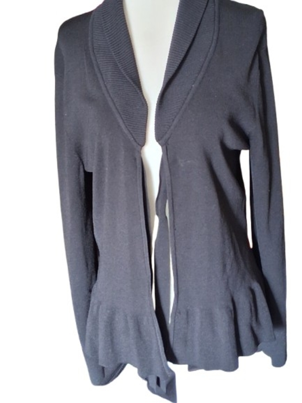 NWOT Cable & Gauge Black Shawl Collar Open Ruffle-Hem Cardigan